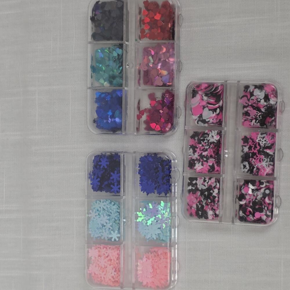 Nail Art Glitter Sequins Lot Hearts Snowflakes Flowers Mixed Colors 3 Cases